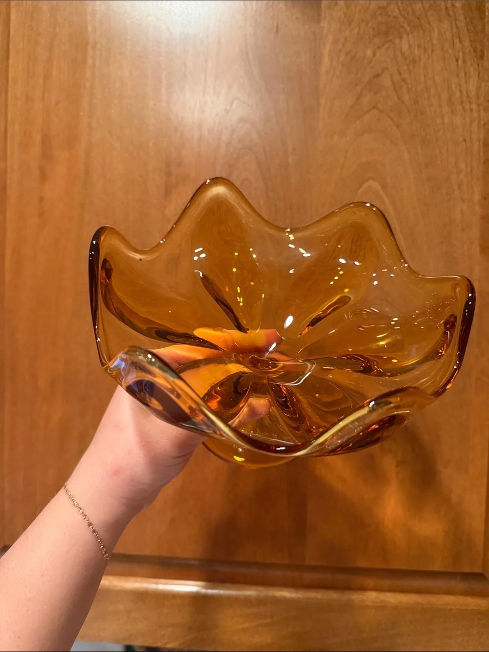 VTG Viking Glass Epic Amber Petal Footed Bowl Petal Base
